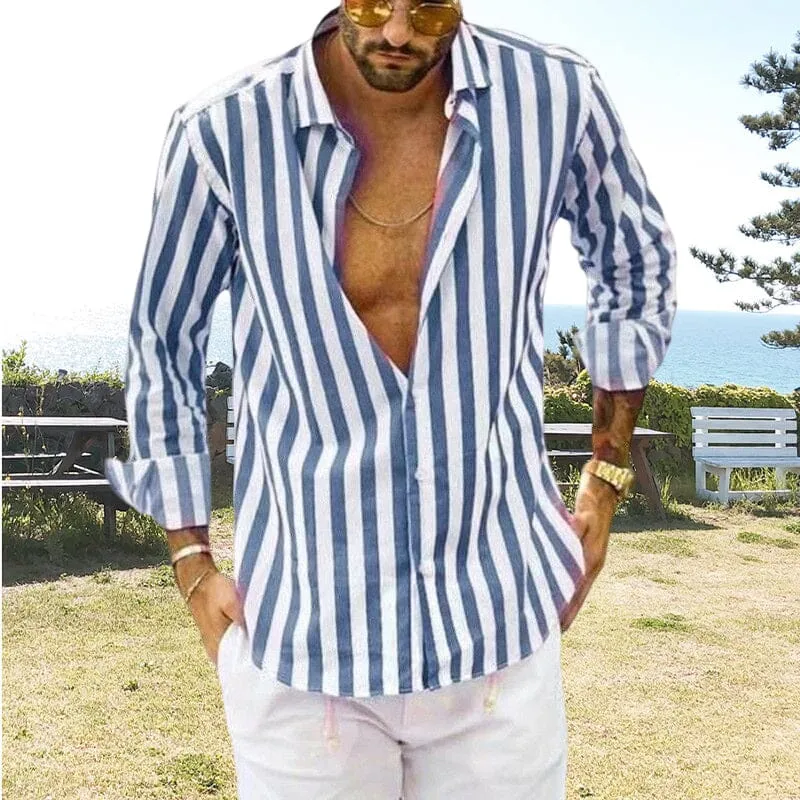 Camicia a righe in cotone e lino con bottoni da uomo primavera