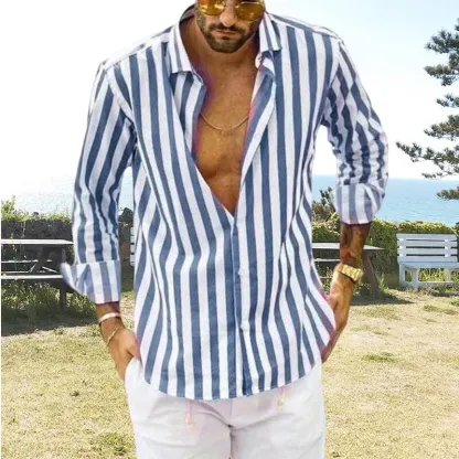 Camicia a righe in cotone e lino con bottoni da uomo primavera