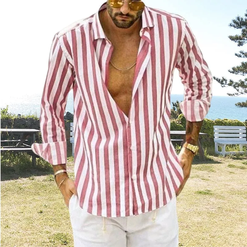 Camicia a righe in cotone e lino con bottoni da uomo primavera