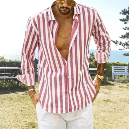Camicia a righe in cotone e lino con bottoni da uomo primavera