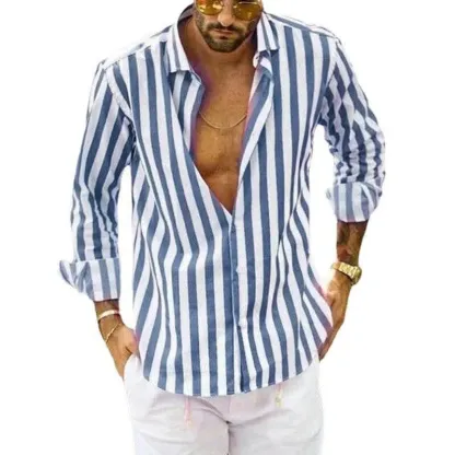 Camicia a righe in cotone e lino con bottoni da uomo primavera