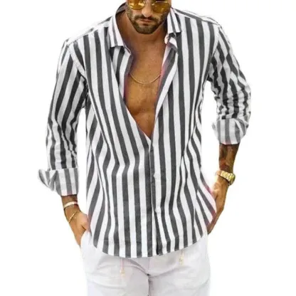 Camicia a righe in cotone e lino con bottoni da uomo primavera