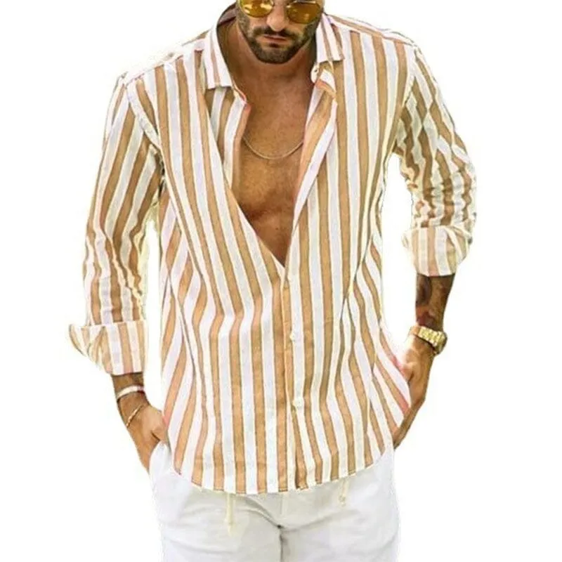 Camicia a righe in cotone e lino con bottoni da uomo primavera