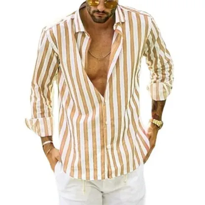 Camicia a righe in cotone e lino con bottoni da uomo primavera