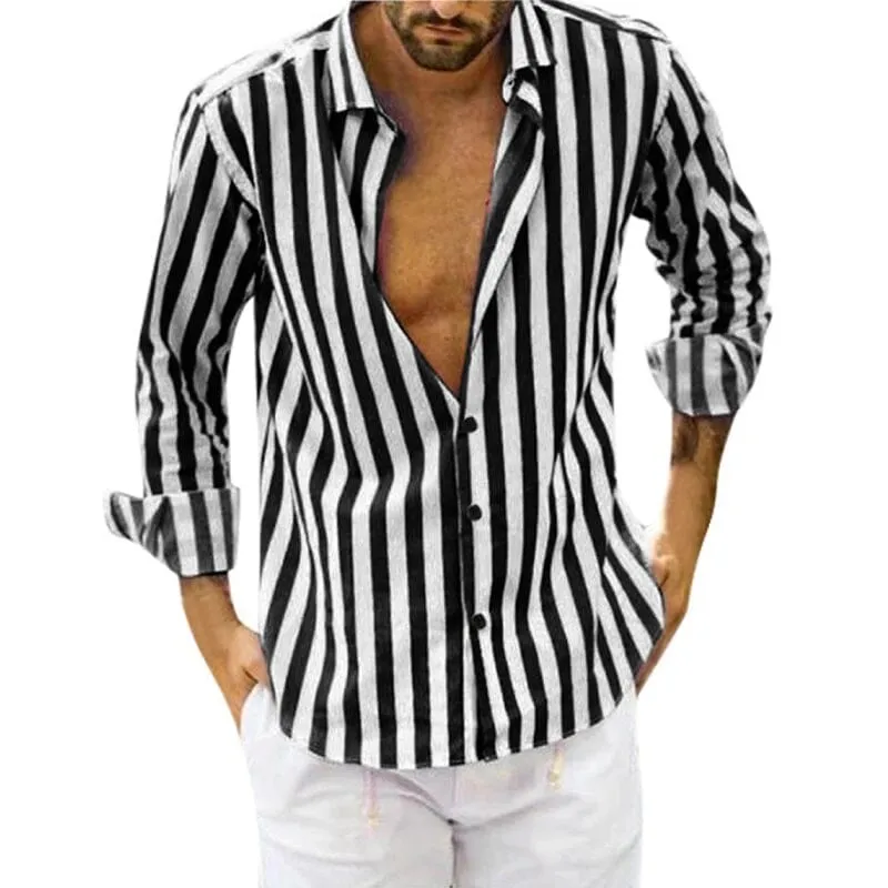 Camicia a righe in cotone e lino con bottoni da uomo primavera