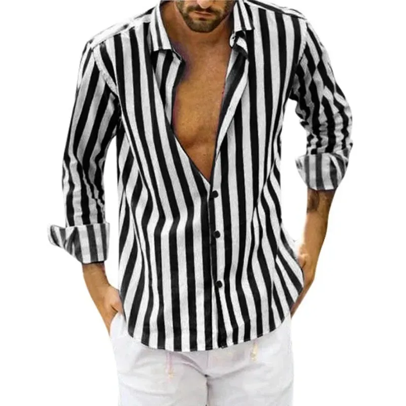Camicia a righe in cotone e lino con bottoni da uomo primavera