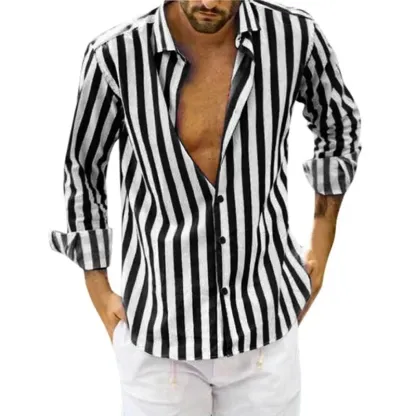 Camicia a righe in cotone e lino con bottoni da uomo primavera