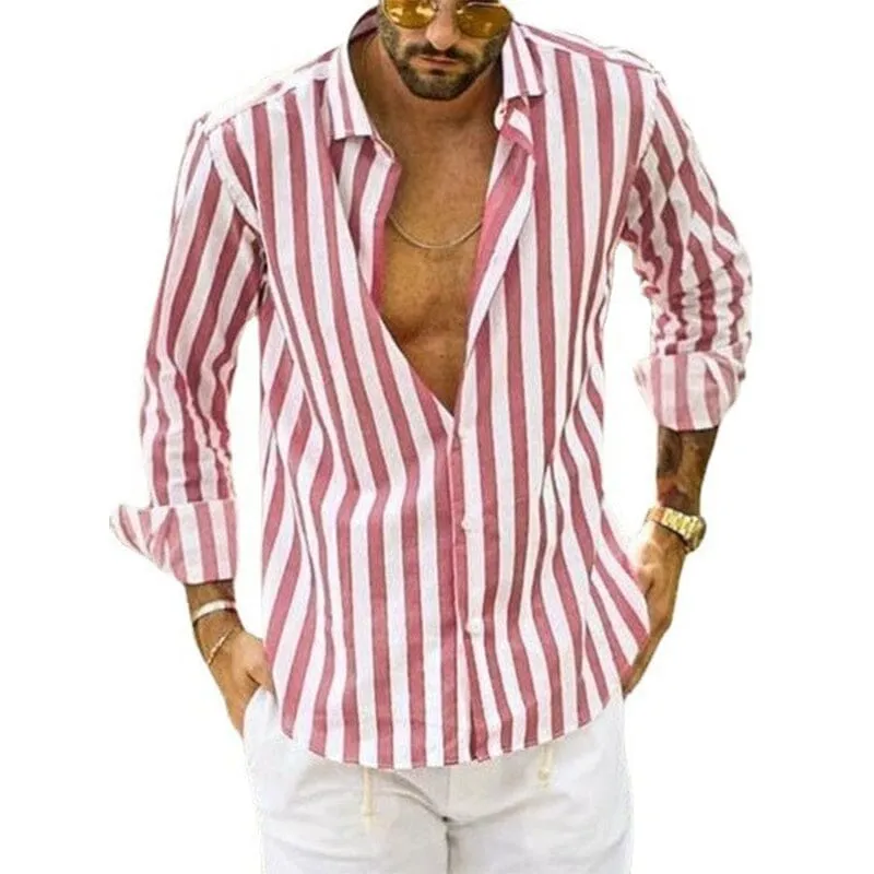 Camicia a righe in cotone e lino con bottoni da uomo primavera