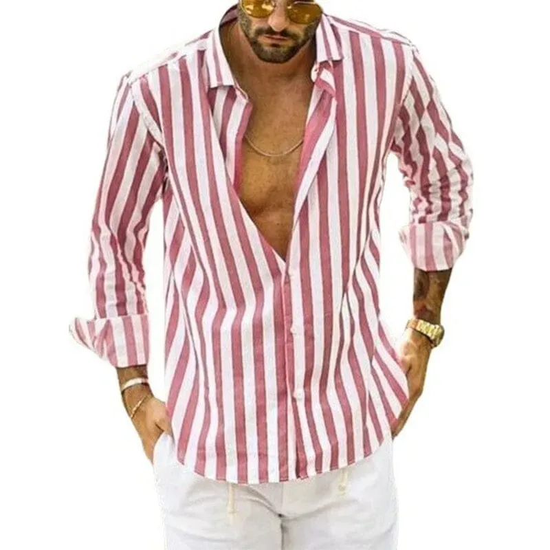 Camicia a righe in cotone e lino con bottoni da uomo primavera