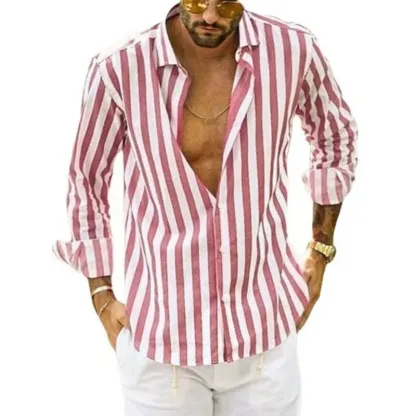 Camicia a righe in cotone e lino con bottoni da uomo primavera