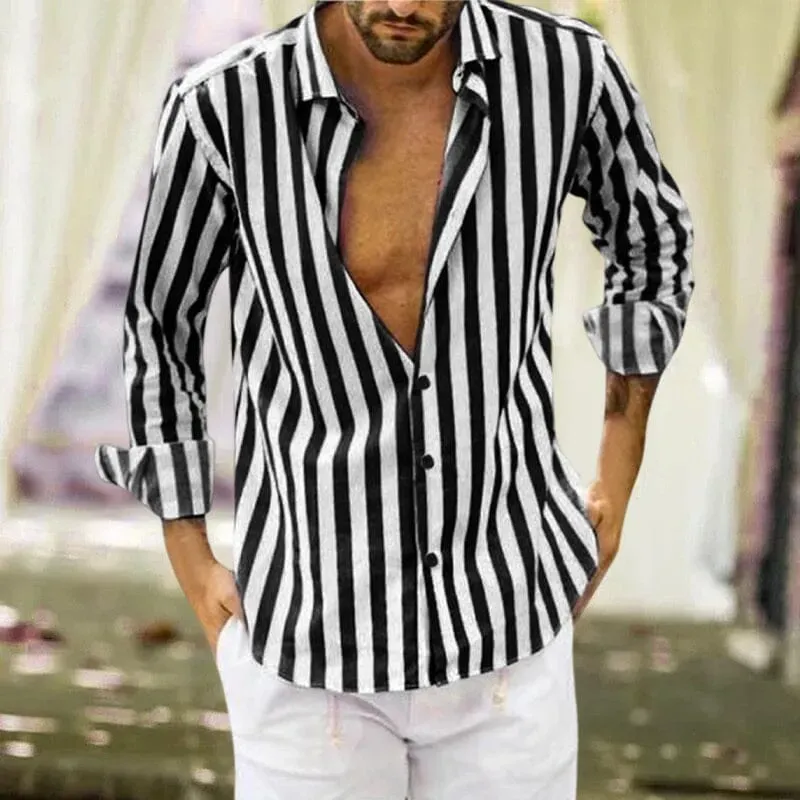 Camicia a righe in cotone e lino con bottoni da uomo primavera