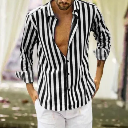 Camicia a righe in cotone e lino con bottoni da uomo primavera