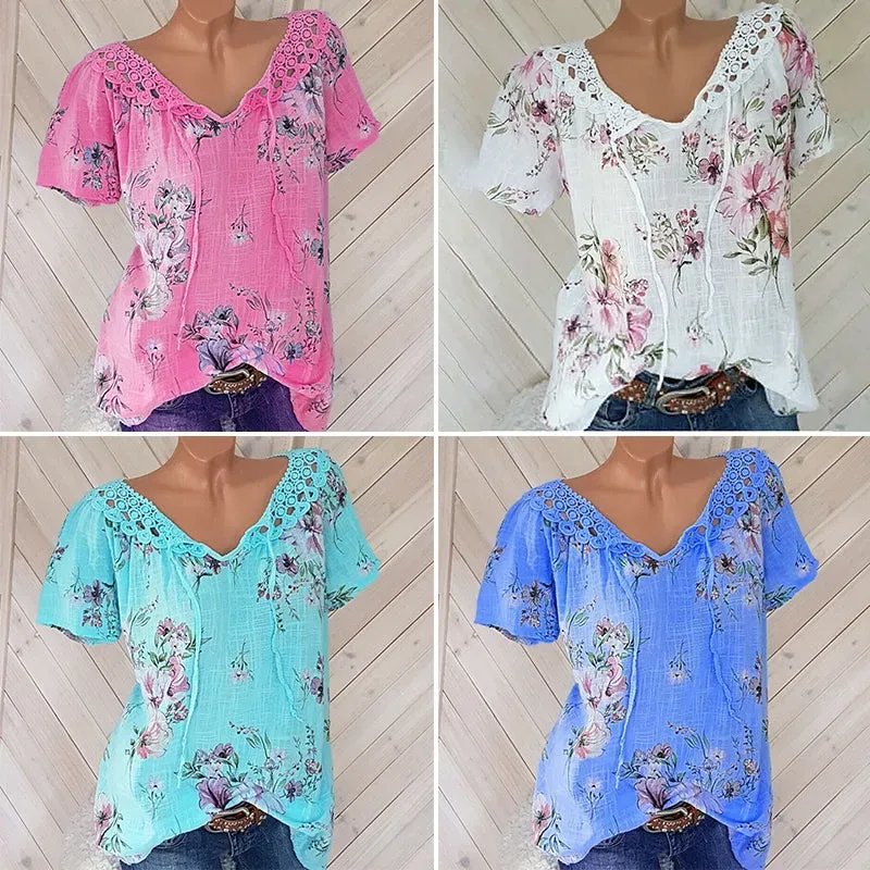 T-shirt con pizzo scollo a V