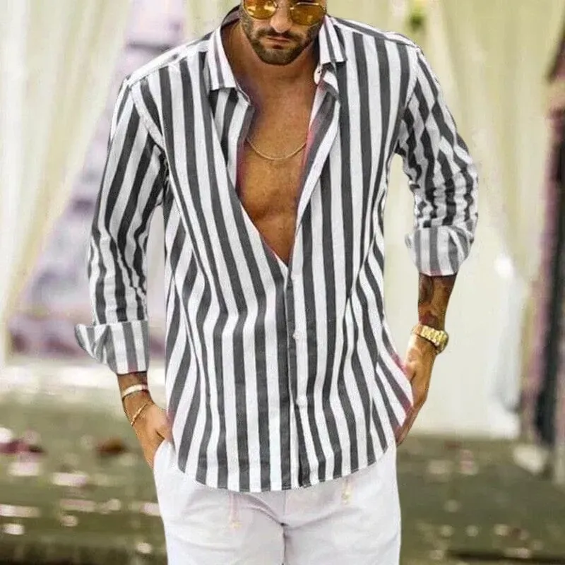 Camicia a righe in cotone e lino con bottoni da uomo primavera