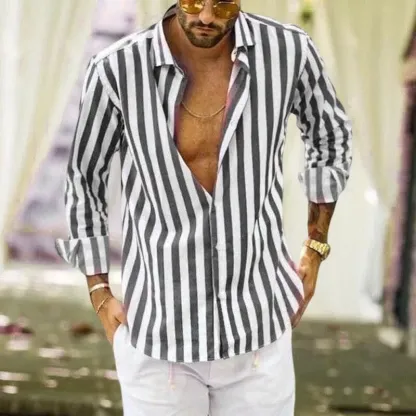 Camicia a righe in cotone e lino con bottoni da uomo primavera