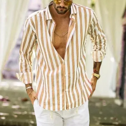 Camicia a righe in cotone e lino con bottoni da uomo primavera
