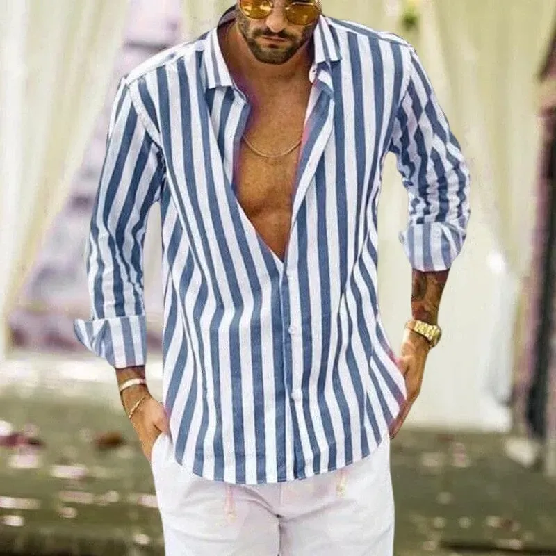 Camicia a righe in cotone e lino con bottoni da uomo primavera