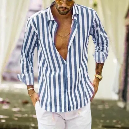 Camicia a righe in cotone e lino con bottoni da uomo primavera
