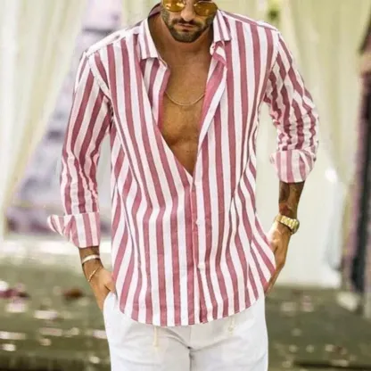 Camicia a righe in cotone e lino con bottoni da uomo primavera