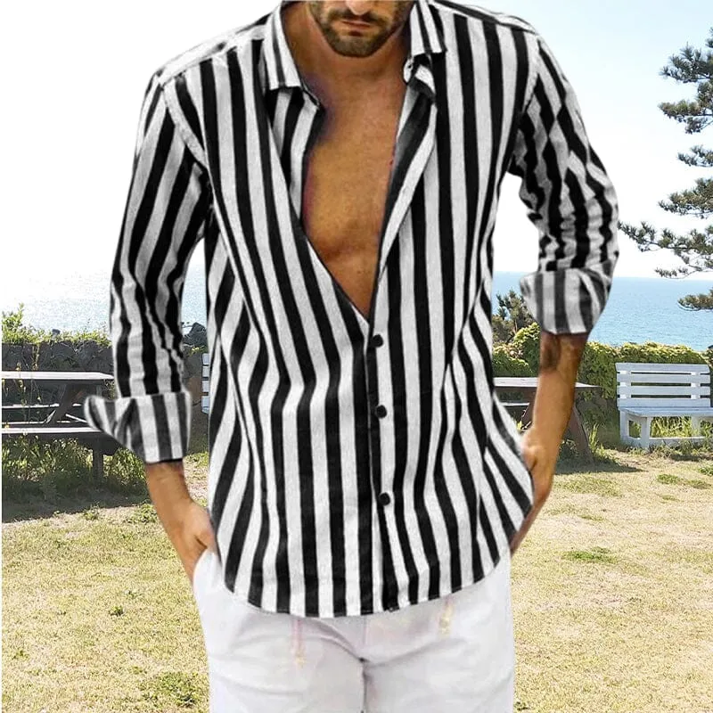 Camicia a righe in cotone e lino con bottoni da uomo primavera