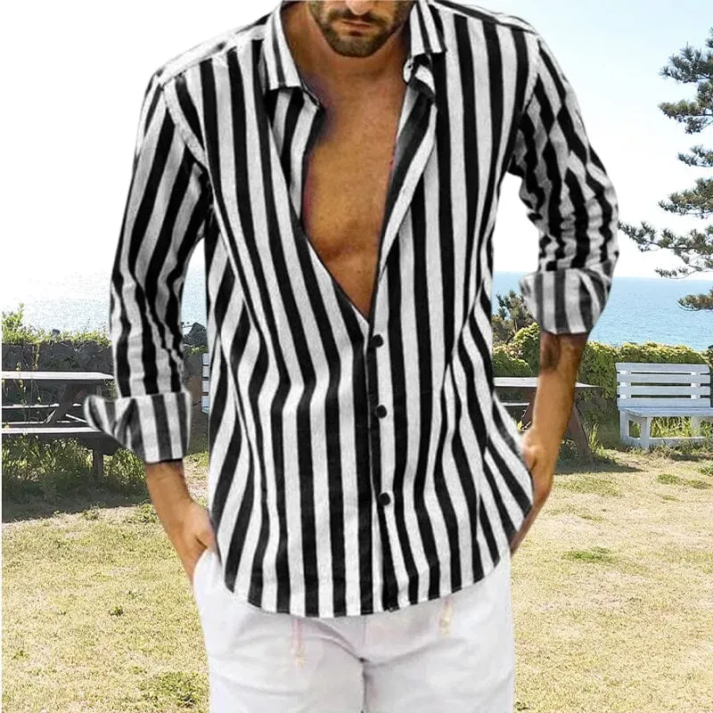 Camicia a righe in cotone e lino con bottoni da uomo primavera