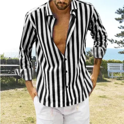 Camicia a righe in cotone e lino con bottoni da uomo primavera