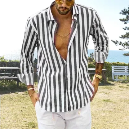 Camicia a righe in cotone e lino con bottoni da uomo primavera