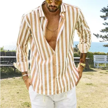 Camicia a righe in cotone e lino con bottoni da uomo primavera
