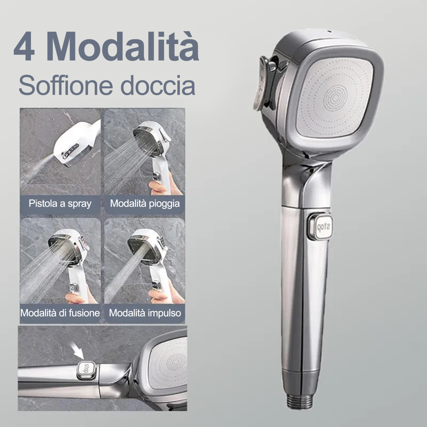 Soffione doccia pressurizzato portatile a 4 modalità con interruttore di pausa
