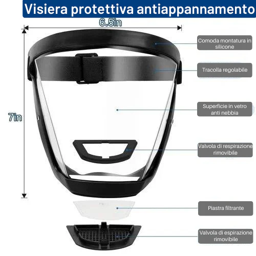 La visiera protegge il viso dalle polveri sottili e dalla nebbia ✓