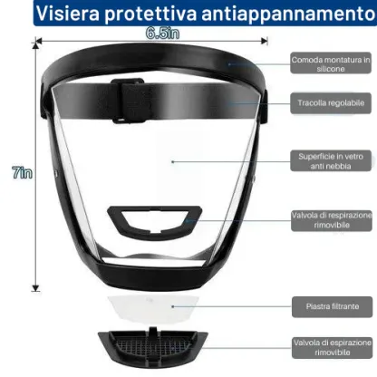 La visiera protegge il viso dalle polveri sottili e dalla nebbia ✓