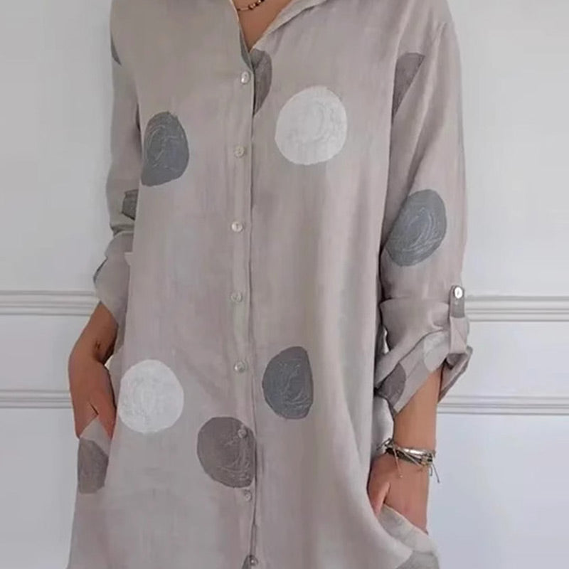Abito-camicia taglie forti con tasche e stampa a pois