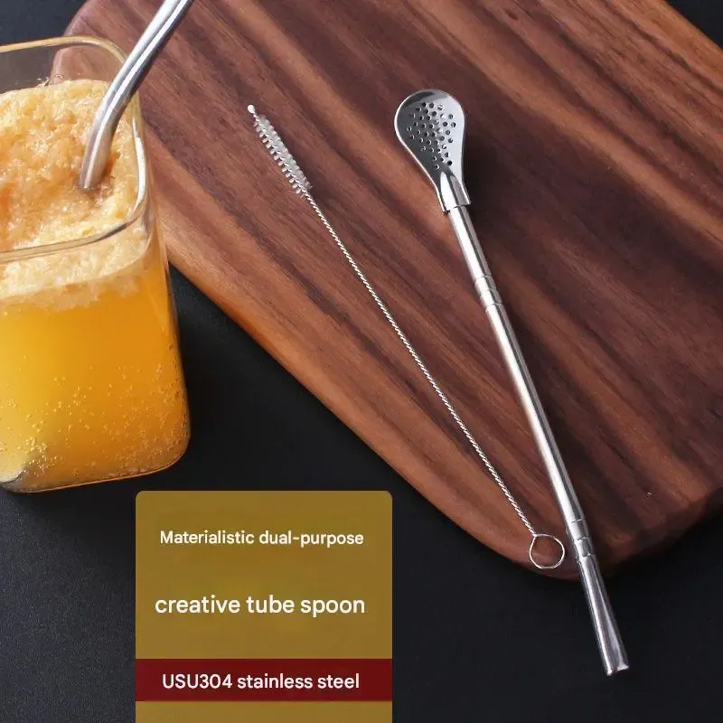 【3/6/9 set】Cucchiaio di cannuccia in acciaio inossidabile 304 a doppio uso, cucchiaio creativo per mescolare il caffè, cannuccia ecologica per filtro del tè al latte e succo