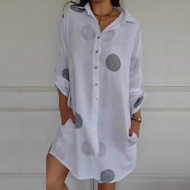 Abito-camicia taglie forti con tasche e stampa a pois