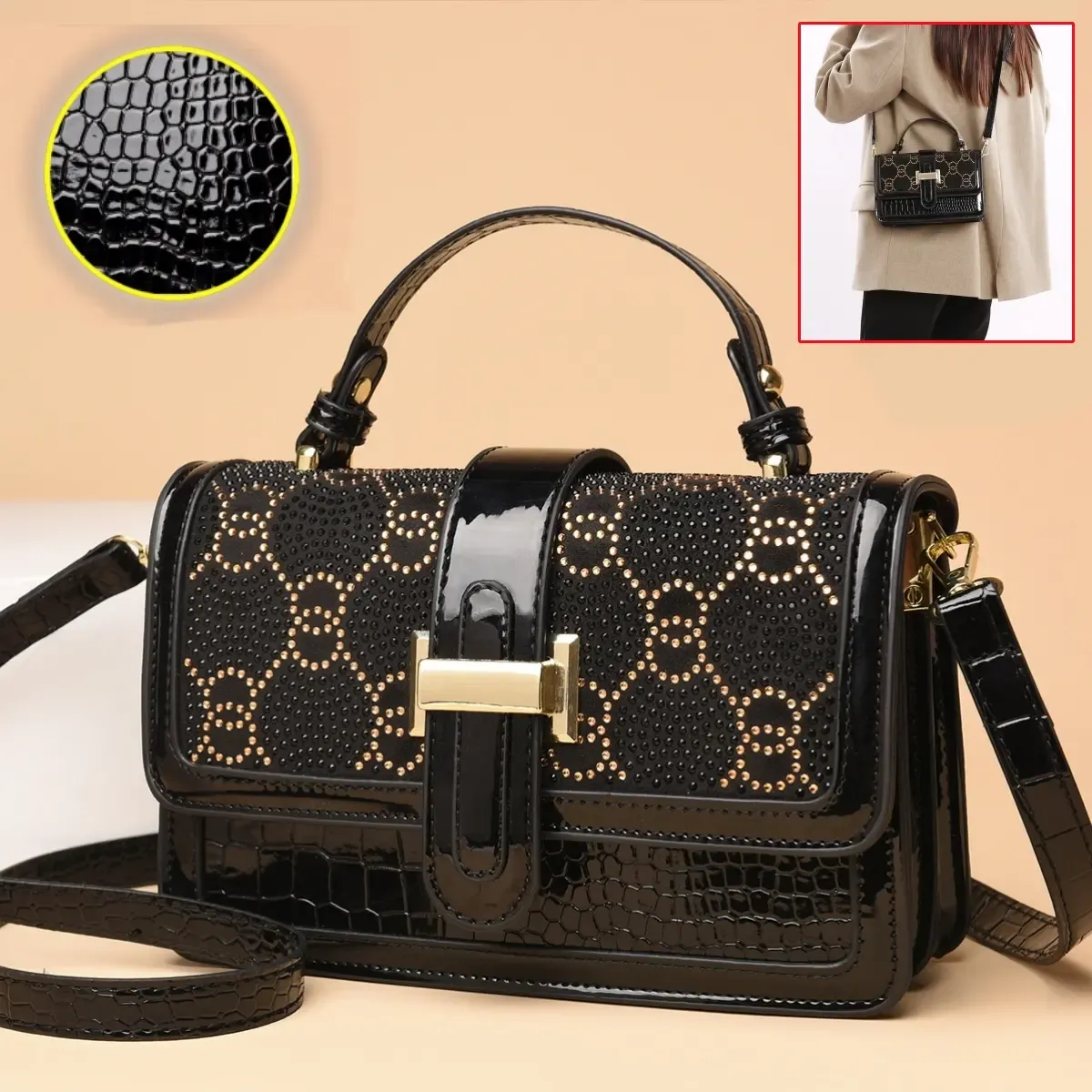 Borsa a mano con diamanti in vera pelle da donna, nuova moda 2025
