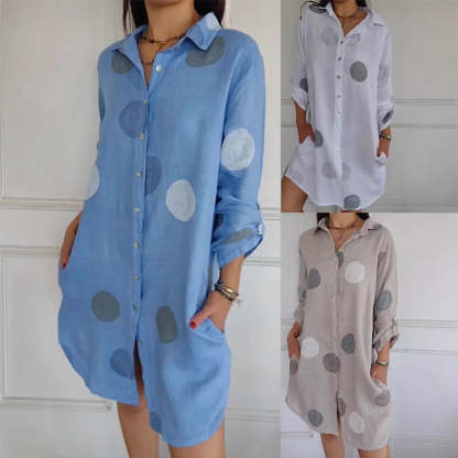 Abito-camicia taglie forti con tasche e stampa a pois