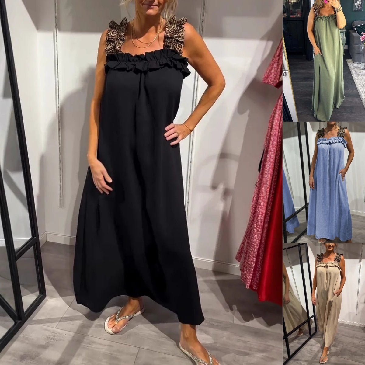 Nuovo abito casual da donna con stampa leopardata e patchwork a spalline
