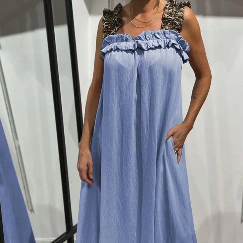 Nuovo abito casual da donna con stampa leopardata e patchwork a spalline