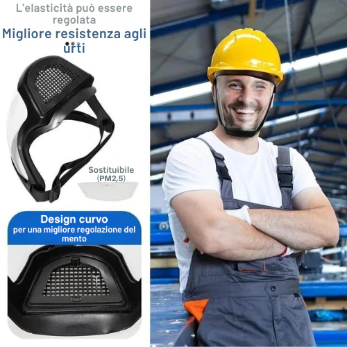 La visiera protegge il viso dalle polveri sottili e dalla nebbia ✓