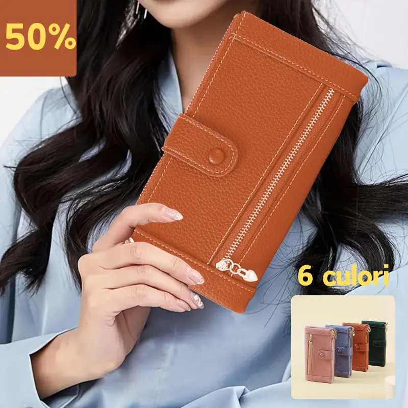 【Acquista 1 e ricevi 1 gratis】Portafoglio da donna retrò in vera pelle con doppia cerniera e slot multi-carta