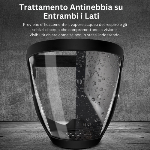 La visiera protegge il viso dalle polveri sottili e dalla nebbia ✓