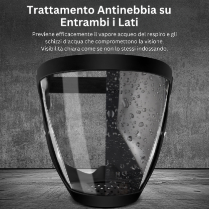 La visiera protegge il viso dalle polveri sottili e dalla nebbia ✓