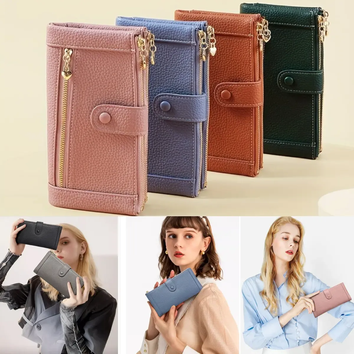 【Acquista 1 e ricevi 1 gratis】Portafoglio da donna retrò in vera pelle con doppia cerniera e slot multi-carta