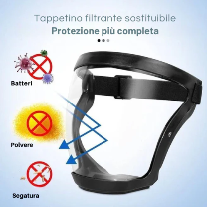 La visiera protegge il viso dalle polveri sottili e dalla nebbia ✓
