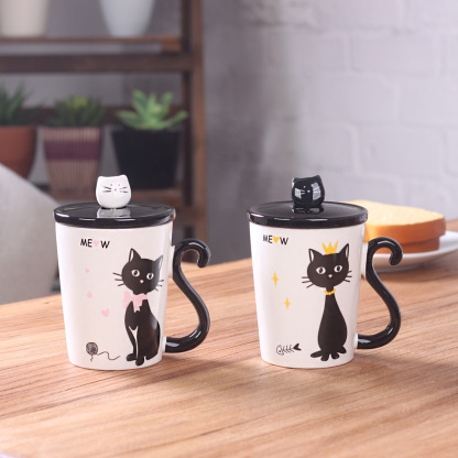 Elegant Miss Cat Ceramic Mug with Lid & Spoon – 12oz Whimsical Coffee Cup for Gifting, Office & Custom Branding (3.2”H x 3.9”D, Gift Box Included)