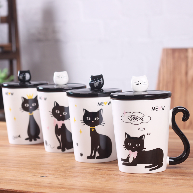 Elegant Miss Cat Ceramic Mug with Lid & Spoon – 12oz Whimsical Coffee Cup for Gifting, Office & Custom Branding (3.2”H x 3.9”D, Gift Box Included)