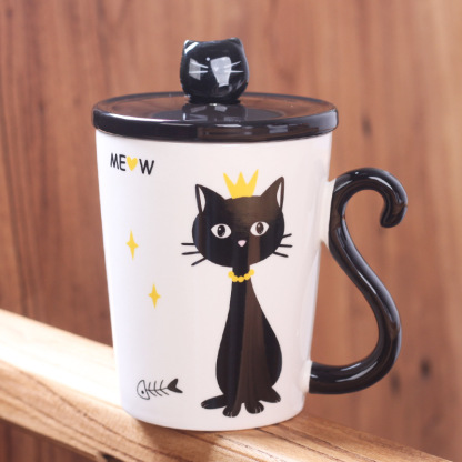 Elegant Miss Cat Ceramic Mug with Lid & Spoon – 12oz Whimsical Coffee Cup for Gifting, Office & Custom Branding (3.2”H x 3.9”D, Gift Box Included)