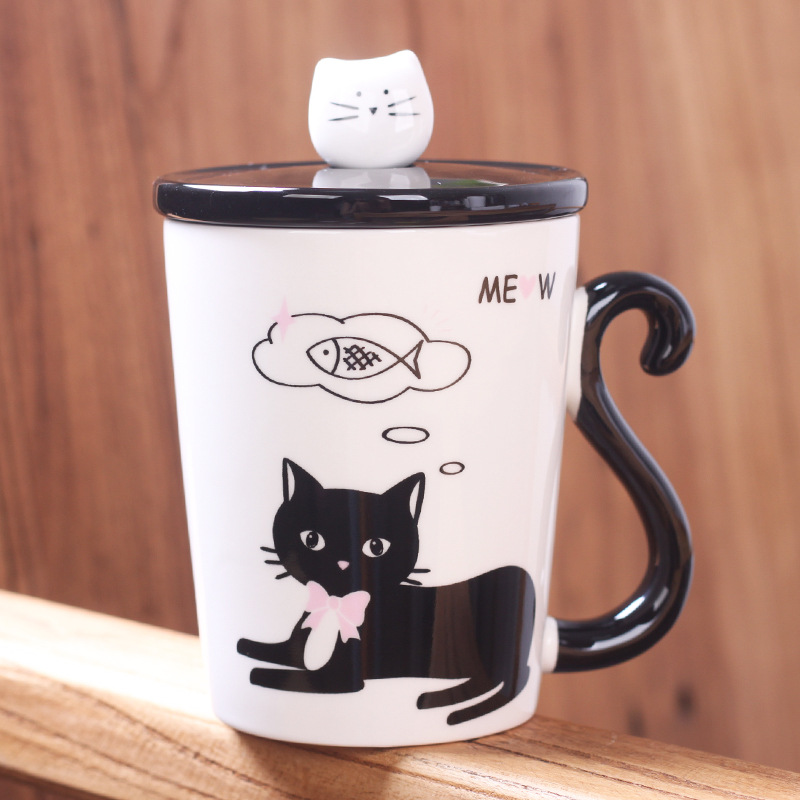 Elegant Miss Cat Ceramic Mug with Lid & Spoon – 12oz Whimsical Coffee Cup for Gifting, Office & Custom Branding (3.2”H x 3.9”D, Gift Box Included)