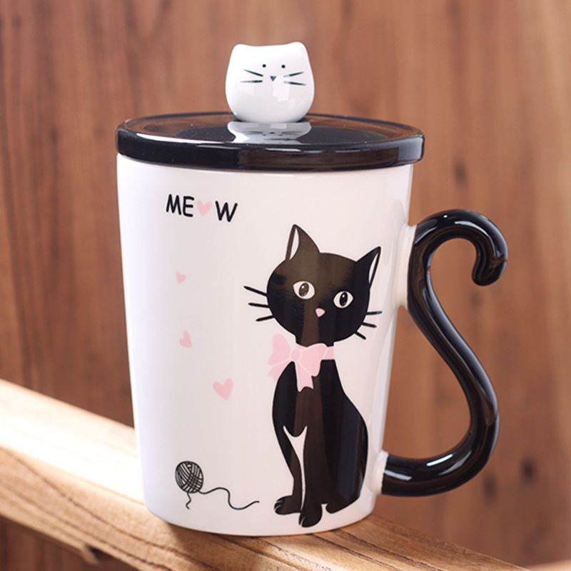 Elegant Miss Cat Ceramic Mug with Lid & Spoon – 12oz Whimsical Coffee 