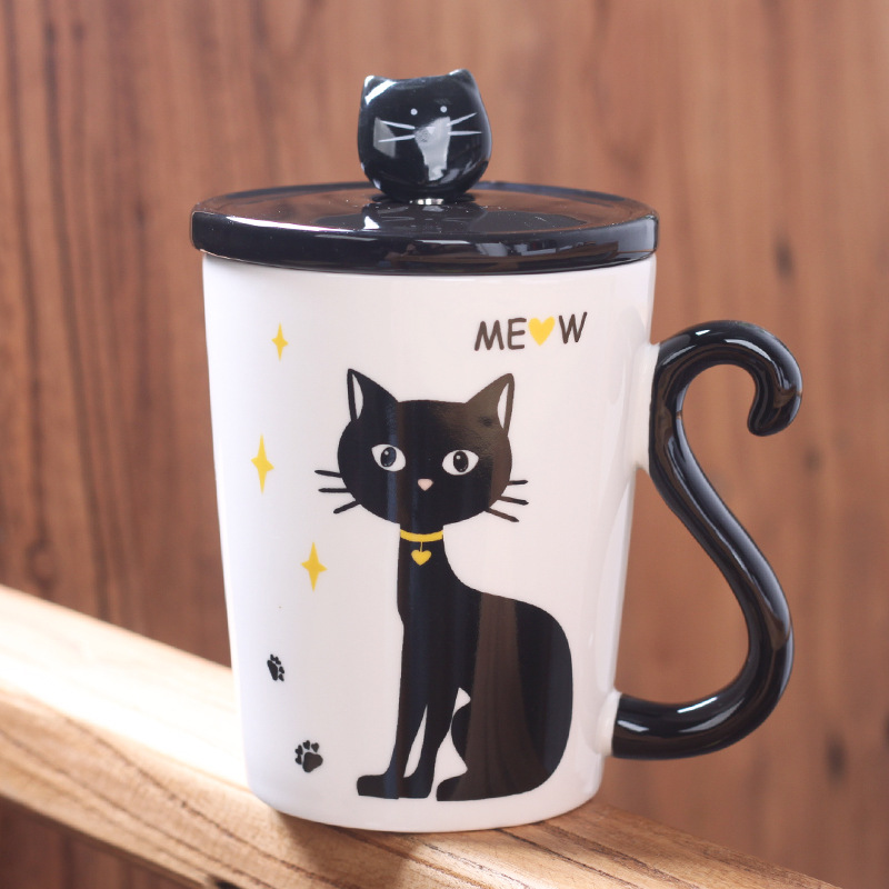 Elegant Miss Cat Ceramic Mug with Lid & Spoon – 12oz Whimsical Coffee 